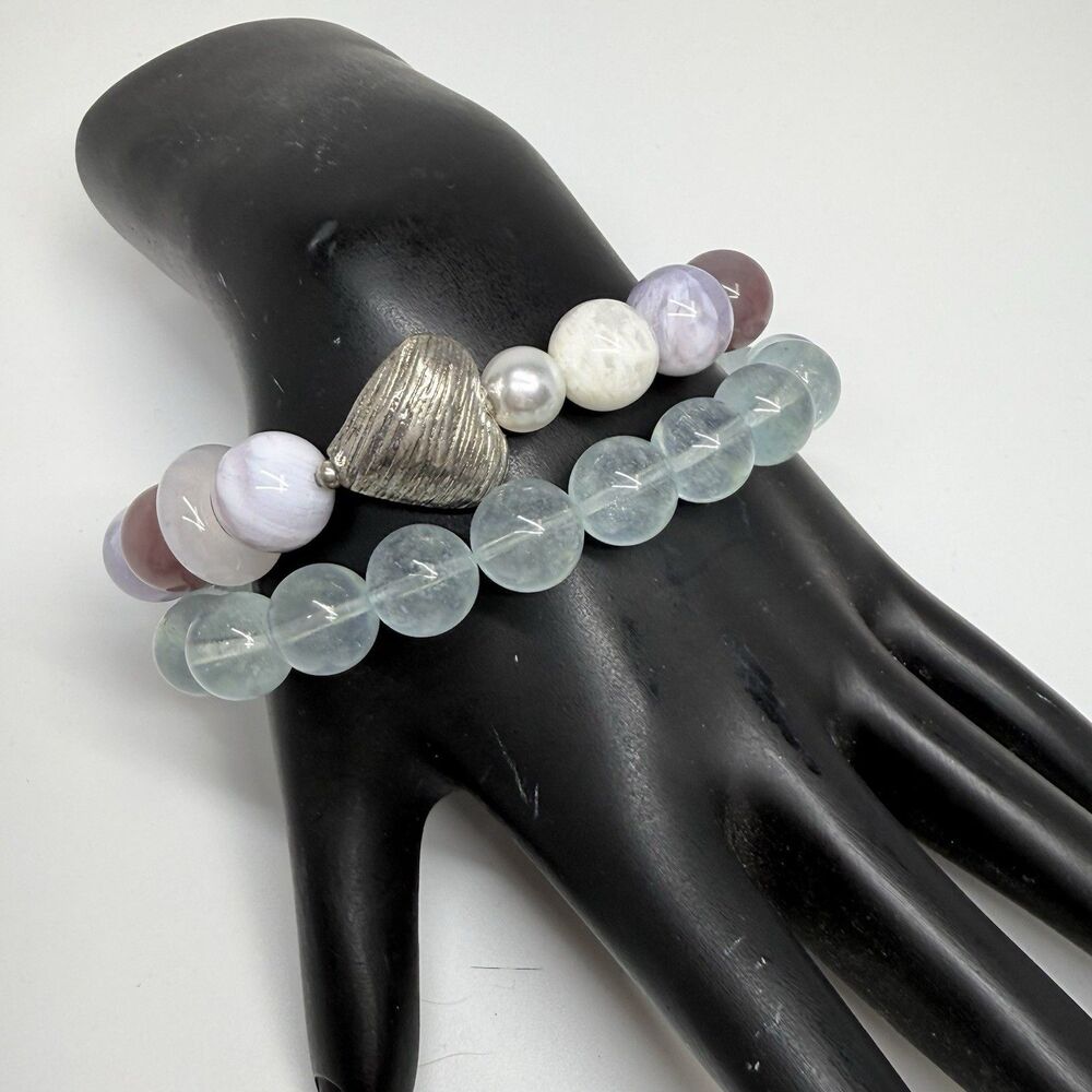 Natural Stone Artisan Handmade Stretch Bracelet 2 Piece Set Purple & Mint Green